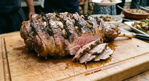 Whole leg of lamb rubbed in roasted garlic and rosemary