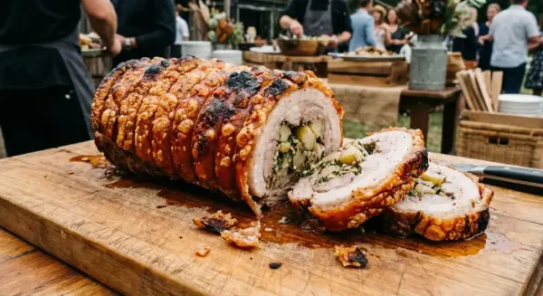 Wood-fired porchetta stuffed with garden herbs, ginger and pear