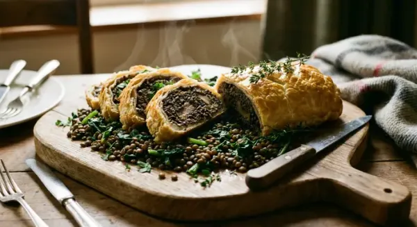Wild mushroom wellington with wilted greens and puy lentils