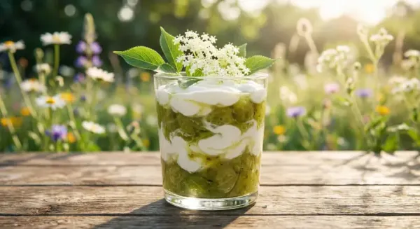 Gooseberry and elderflower rippled parfait