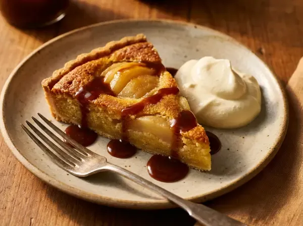 Ginger and pear frangipane toffee tart
