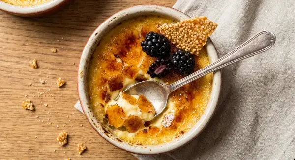Blackberry creme brulee with sesame brittles