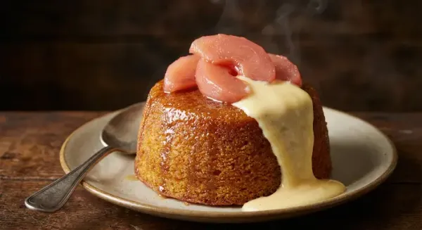 Steamed quince pudding with brandy and vanilla sauce