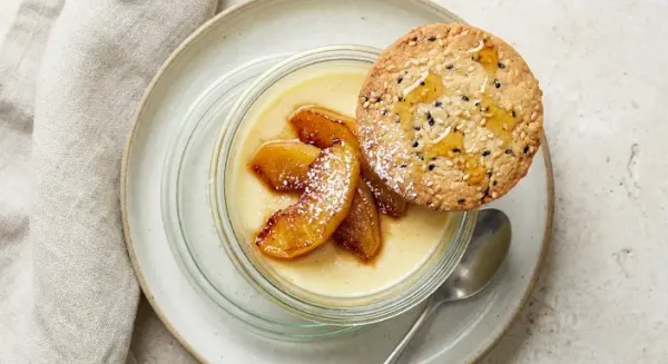 Lemon posset with roast quince and honey and sesame shortbread