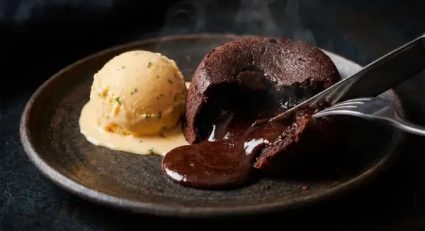 Chocolate fondant with orange and basil ice cream