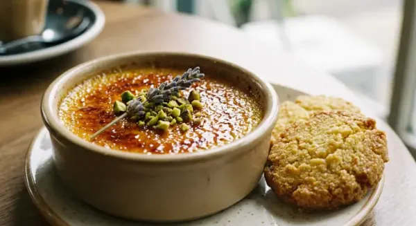 Lavender and pistachio creme brulee with lemon polenta biscuits