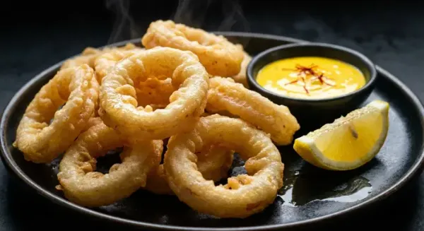 Deep fried calamari with saffron ioli