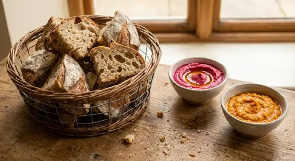 Artisan bread basket with romanesco sauce, beetroot hummus