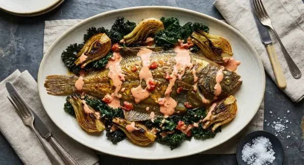 Pan roasted Dover sole with black kale, roasted fennel and sauce choron