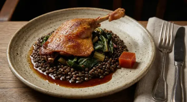 Confit of locally shot duck, wilted chard, puy lentils and membrillo