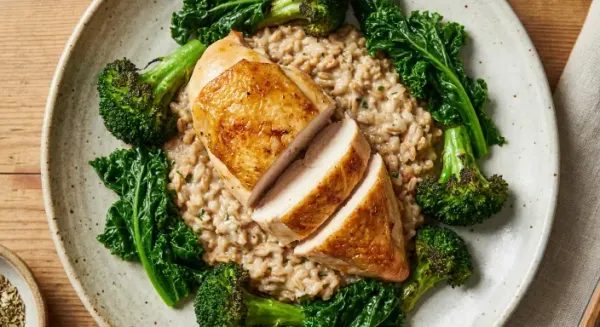 Organic Beechwood Farm chicken with spelt risotto and seasonal greens