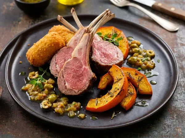 Rack of lamb with braised shoulder of lamb fritters