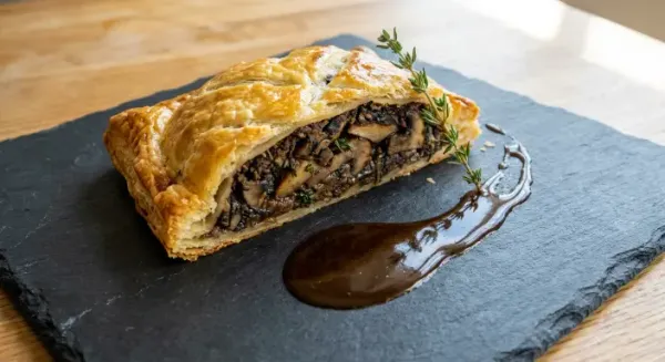 Wild mushroom Wellington with tamari and green tea sauce