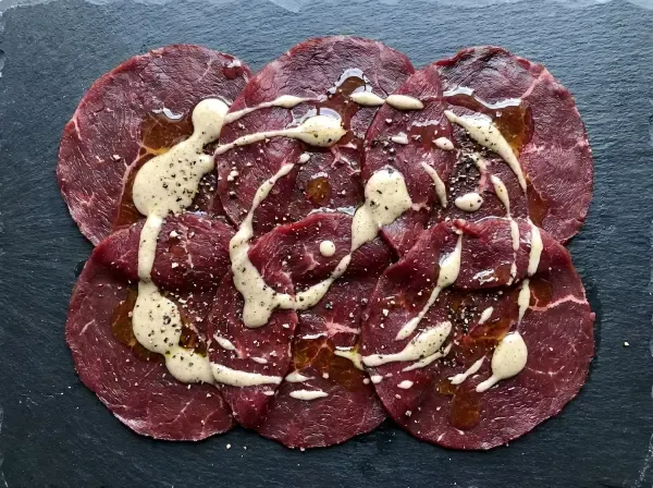 Carpaccio of Exmoor venison with walnut cream