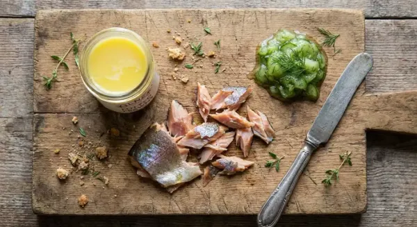 Smoked local trout with potted prawns and cucumber preserve