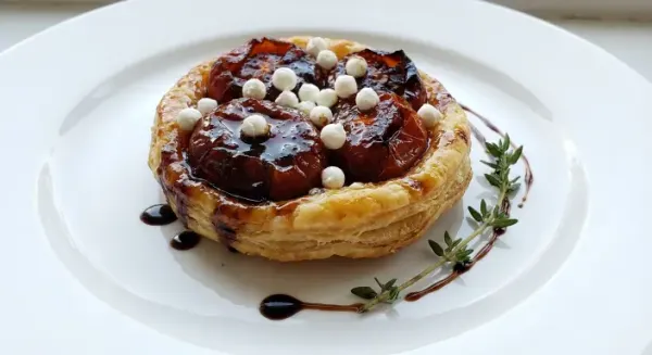Tomato and elderflower tart tatin with Vulscombe pearls