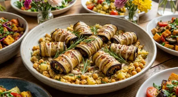 Chilli and rosemary aubergine parcels, with smashed chickpeas potato and tahini