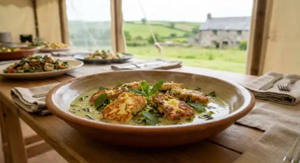 Halloumi, couchette and mint fritters with a wilted chard and coconut and lemon broth