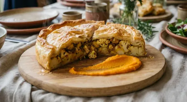 Layered filo pie with roast spiced cauliflower, mash and carrot puree