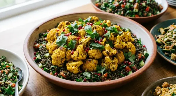 Curried oven roasted cauliflower and puy lentil tabbouleh