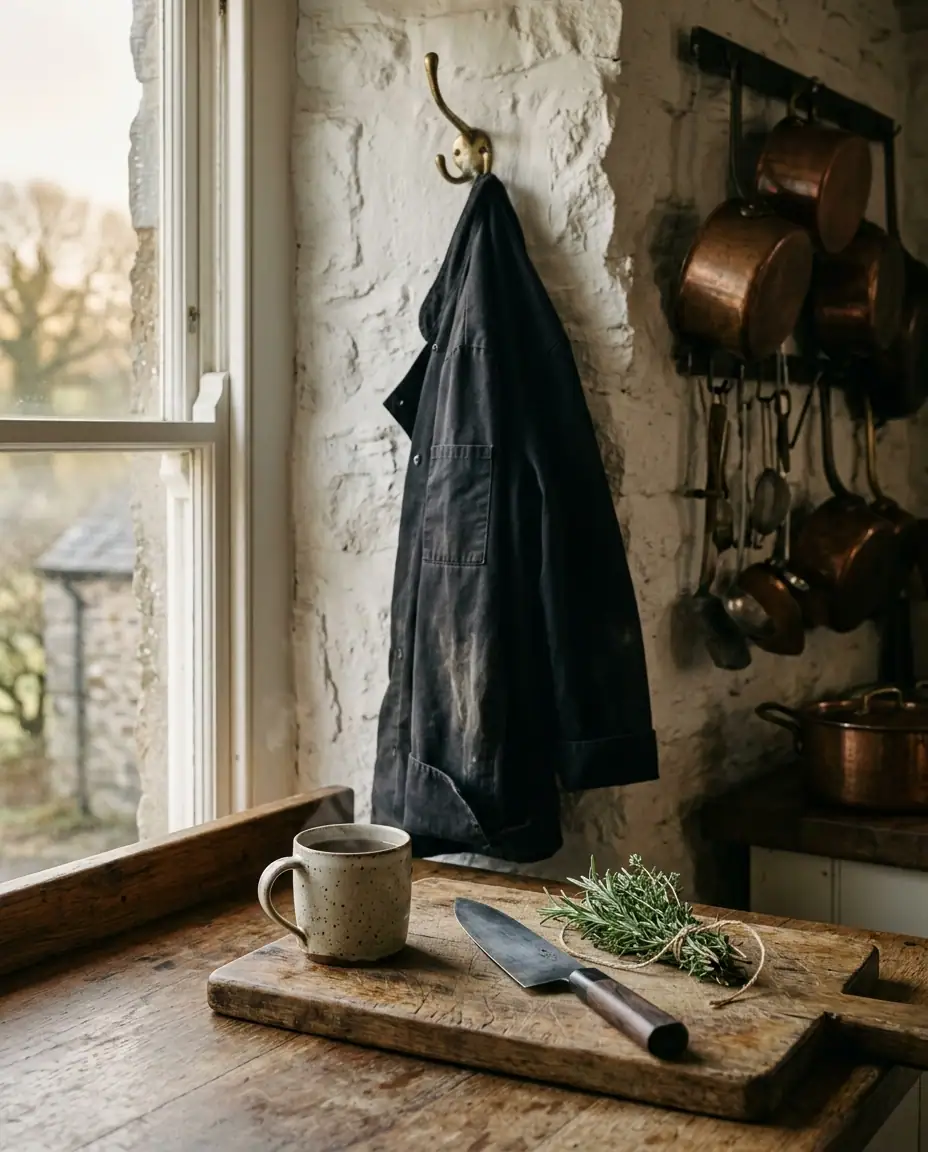 A Devon kitchen at dawn — chef's jacket on a hook, morning light through the window