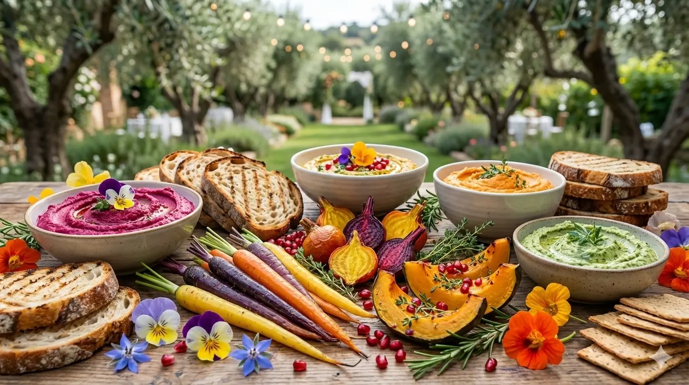 Vibrant rustic sharing platter featuring gourmet vegan wedding food, including roasted heirloom vegetables, dips, and edible flowers set on a wooden table.