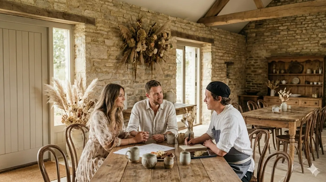 Engaged couple in a rustic planning consultation with a professional wedding caterer in Devon, discussing menu options.